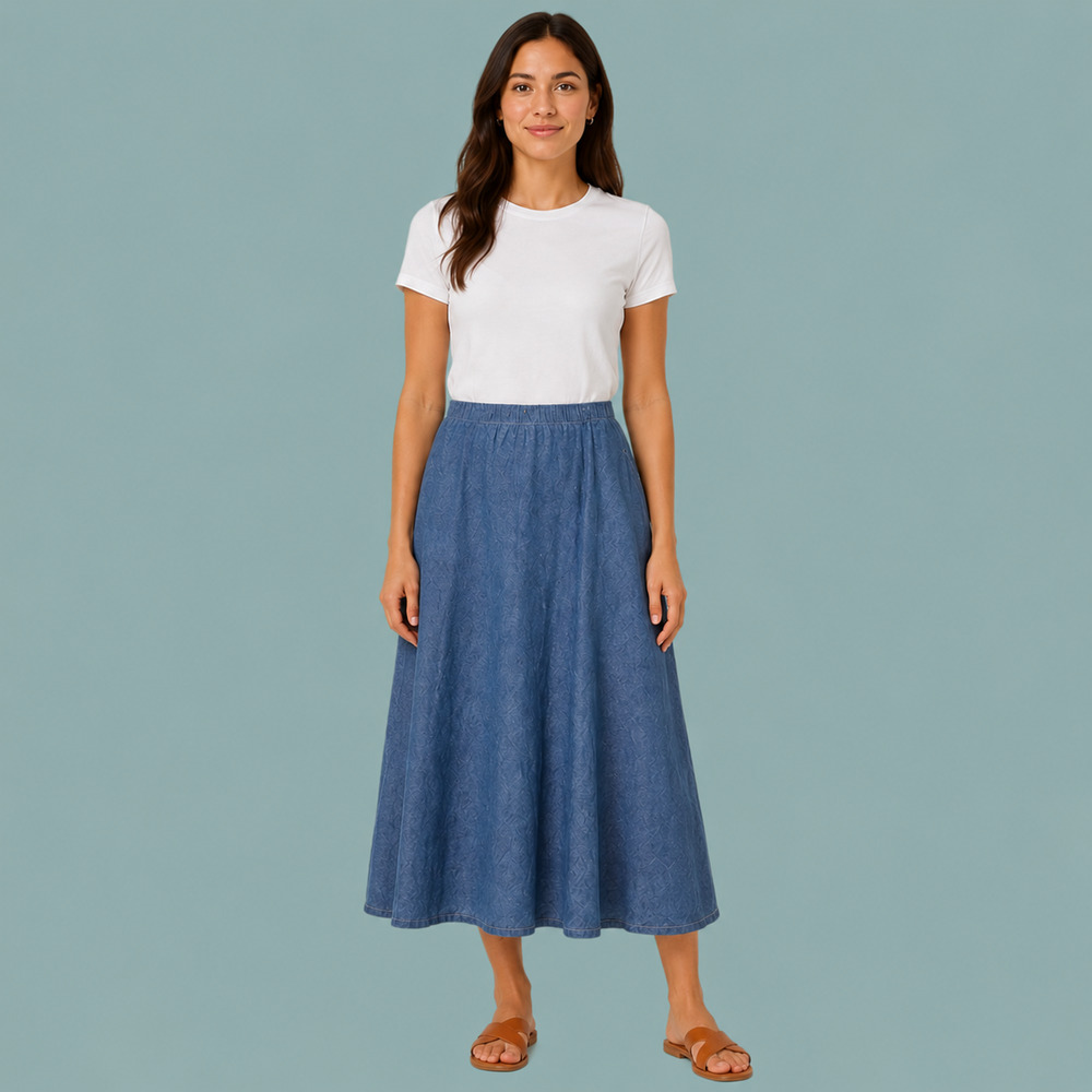 FLAX Size Small S Blue Pull On Elastic Waist Artsy Lagenlook Linen Midi Skirt - Picture 1 of 7